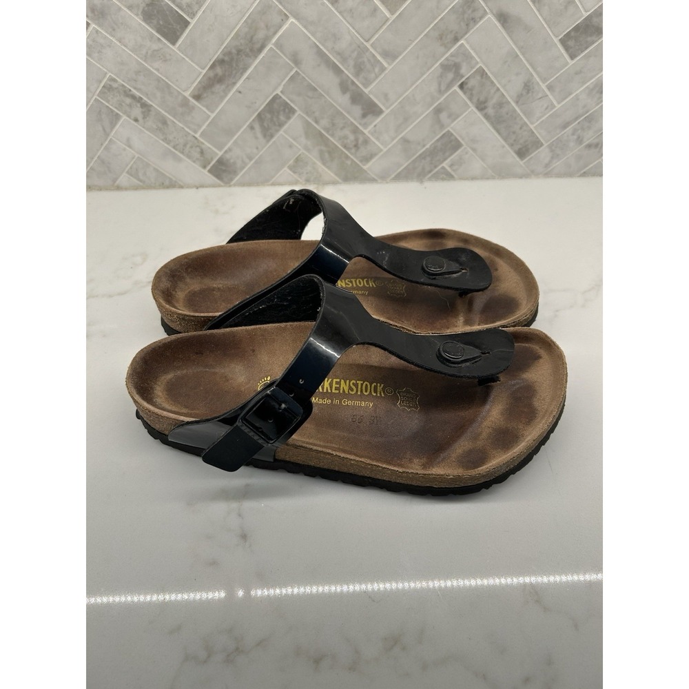 Birkenstock Gizeh Thong Black Leather Cork Flip Flops Slides Sandals Size 39‎
